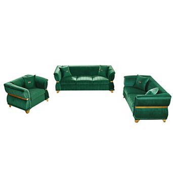 ZWYO HOSIMU Velvet Upholstered 3 pc Sofa Set with Gold Metal Trim, Curved Armrests and 5 Pillows