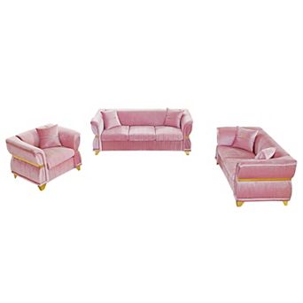 ZWYO HOSIMU Velvet Upholstered 3 pc Sofa Set with Gold Metal Trim, Curved Armrests and 5 Pillows