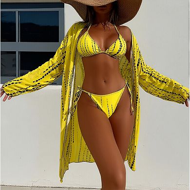 Women's Abstract Print Triangle Bikini 3-Piece Swimsuit with Cover Up
