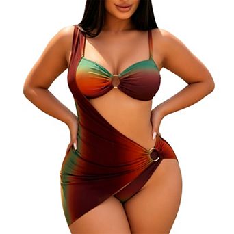Women's Gradient Print 3 pc Swimsuit with Metal Ring Accent and Cover Up Skirt