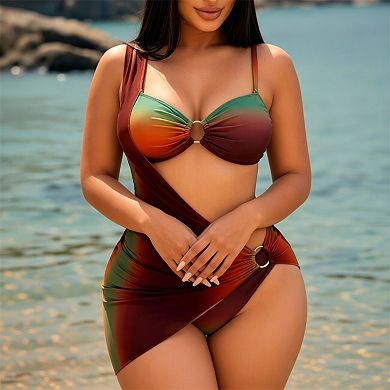 Women's Gradient Print 3-Piece Swimsuit with Metal Ring Accent and Cover Up Skirt