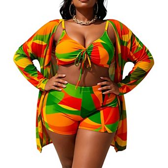 Women's Abstract Print 3 pc Swimsuit with Drawstring Bikini Top, Shorts, and Cover Up