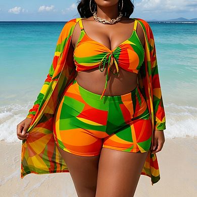 Women's Abstract Print 3-Piece Swimsuit with Drawstring Bikini Top, Shorts, and Cover Up