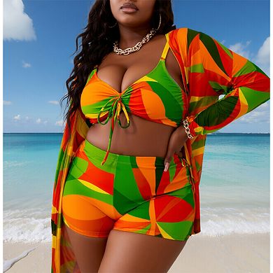 Women's Abstract Print 3-Piece Swimsuit with Drawstring Bikini Top, Shorts, and Cover Up