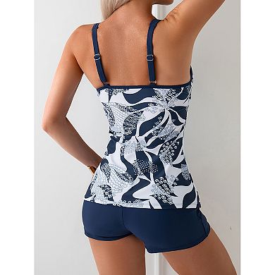 Women's Abstract Print Double-Strap Two-Piece Athletic Tankini Swimsuit