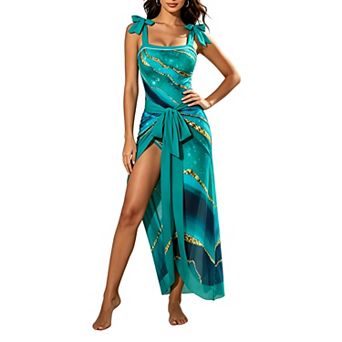 Women's Marble Print Bow Strap One-Piece Swimsuit with Sarong Cover Up