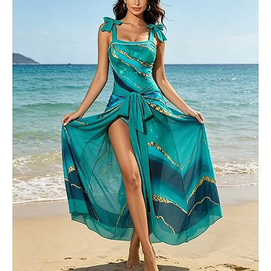 Women's Marble Print Bow Strap One-Piece Swimsuit with Sarong Cover Up