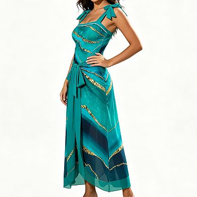 Women's Marble Print Bow Strap One-Piece Swimsuit with Sarong Cover Up
