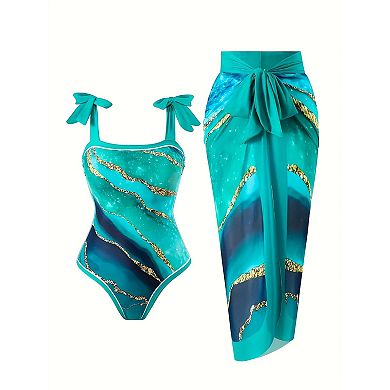 Women's Marble Print Bow Strap One-Piece Swimsuit with Sarong Cover Up