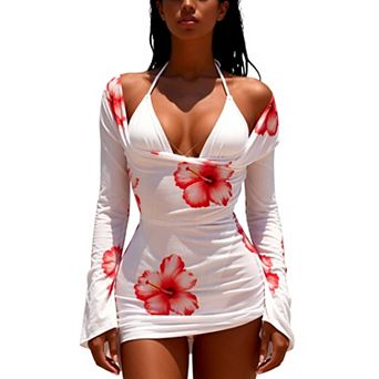 Women's Hibiscus Print 3 pc Swimsuit with Triangle Bikini & Cover Up Dress