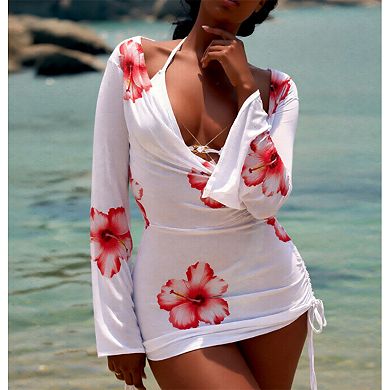 Women's Hibiscus Print 3-Piece Swimsuit with Triangle Bikini & Cover Up Dress