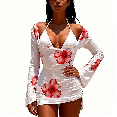 Women's Hibiscus Print 3-Piece Swimsuit with Triangle Bikini & Cover Up Dress