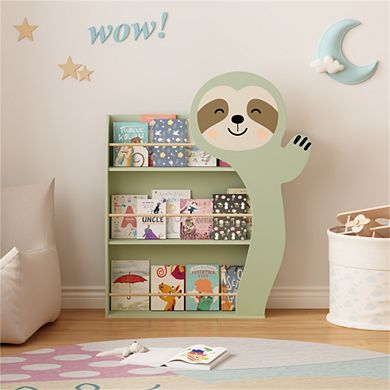 Sloth Kids Bookshelf - 3-Tier Front-Facing Toddler Book Rack, Cute Animal Design, Storage Organizer