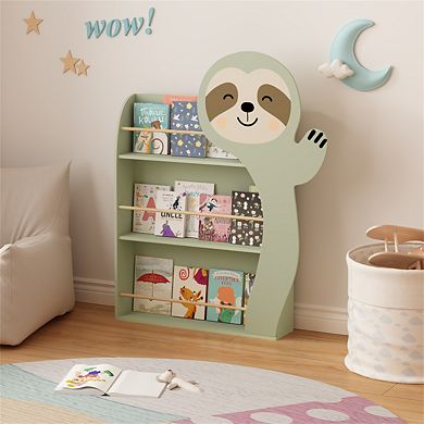 Sloth Kids Bookshelf - 3-Tier Front-Facing Toddler Book Rack, Cute Animal Design, Storage Organizer