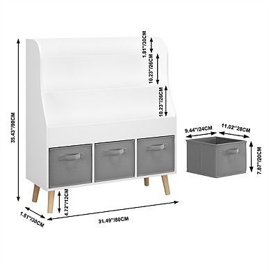 Kids Bookshelf with 3 Fabric Storage Bins - Wooden Book Display Organizer, Front-Facing, Pine Legs