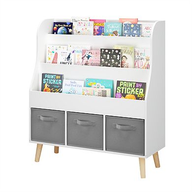 Kids Bookshelf with 3 Fabric Storage Bins - Wooden Book Display Organizer, Front-Facing, Pine Legs