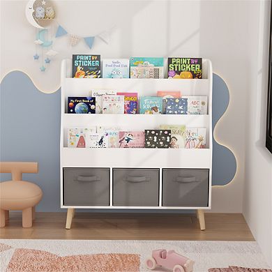 Kids Bookshelf with 3 Fabric Storage Bins - Wooden Book Display Organizer, Front-Facing, Pine Legs