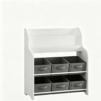 Kids Bookshelf with 6 Fabric Bins - Front-Facing Display & Toy Organizer, Storage Shelf for Nursery