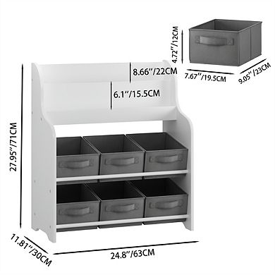 Kids Bookshelf with 6 Fabric Bins - Front-Facing Display & Toy Organizer, Storage Shelf for Nursery