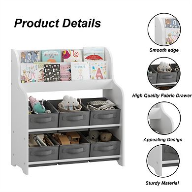 Kids Bookshelf with 6 Fabric Bins - Front-Facing Display & Toy Organizer, Storage Shelf for Nursery