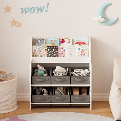 Kids Bookshelf with 6 Fabric Bins - Front-Facing Display & Toy Organizer, Storage Shelf for Nursery