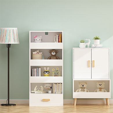 4-Tier Bookshelf - Freestanding Storage Cabinet with 4 Drawers, Vertical Design, Engineered Wood