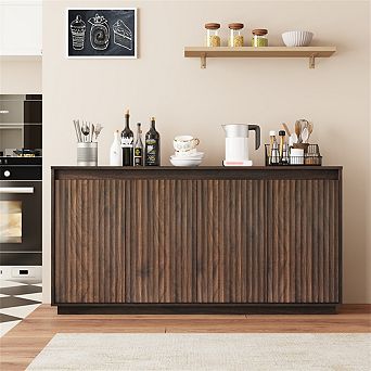 4 Door Wood Sideboard Buffet Cabinet, Wavy Vertical Texture, No-Handle, Freestanding Storage Cabinet