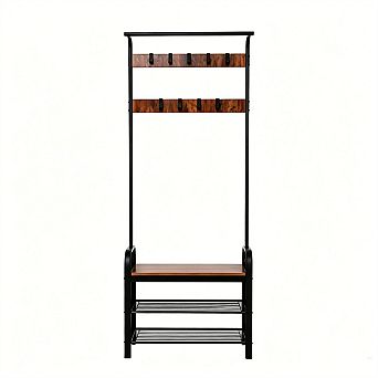 72.8"L Coat Rack Hall Tree - 4-in-1 Entryway Bench with Shoe Storage, 9 Removable Hooks, Hanging Rod