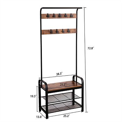 72.8"L Coat Rack Hall Tree - 4-in-1 Entryway Bench with Shoe Storage, 9 Removable Hooks, Hanging Rod