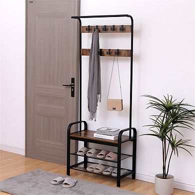 72.8"L Coat Rack Hall Tree - 4-in-1 Entryway Bench with Shoe Storage, 9 Removable Hooks, Hanging Rod