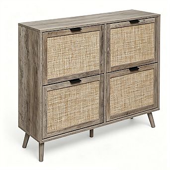 4 Door Shoe Rack - Freestanding Storage Cabinet with Rattan,Double-Layer Interior,Pine Legs,35.83" H