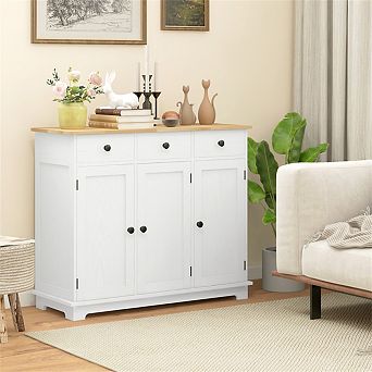 Sideboard with Solid Wood Countertop - Storage Cabinet with 3 Drawers, Doors and Adjustable Shelf