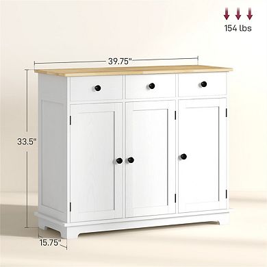 Sideboard with Solid Wood Countertop - Storage Cabinet with 3 Drawers, Doors and Adjustable Shelf