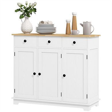 Sideboard with Solid Wood Countertop - Storage Cabinet with 3 Drawers, Doors and Adjustable Shelf