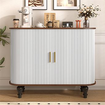 39" Fluted Sideboard, 6 Wine Racks,3 Glass Holders,Storage Drawer, 4 Hidden Compartments,Bar Cabinet