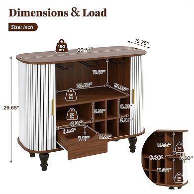 39" Fluted Sideboard, 6 Wine Racks,3 Glass Holders,Storage Drawer, 4 Hidden Compartments,Bar Cabinet