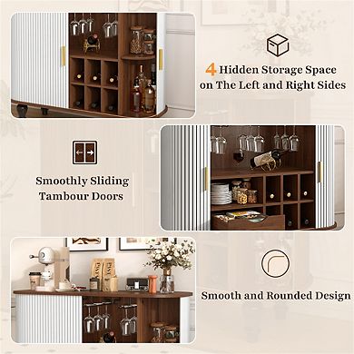 39" Fluted Sideboard, 6 Wine Racks,3 Glass Holders,Storage Drawer, 4 Hidden Compartments,Bar Cabinet