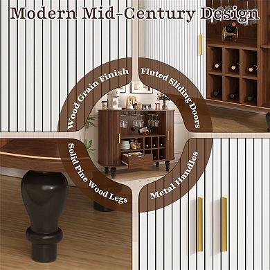 39" Fluted Sideboard, 6 Wine Racks,3 Glass Holders,Storage Drawer, 4 Hidden Compartments,Bar Cabinet