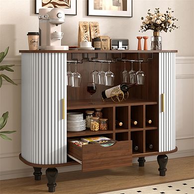 39" Fluted Sideboard, 6 Wine Racks,3 Glass Holders,Storage Drawer, 4 Hidden Compartments,Bar Cabinet