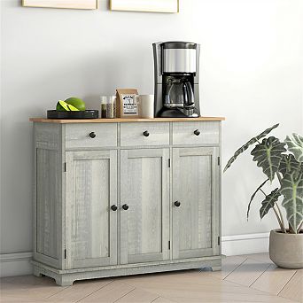 Sideboard with Wood Countertop - Kitchen Storage Cabinet with 3 Drawers, Doors and Adjustable Shelf