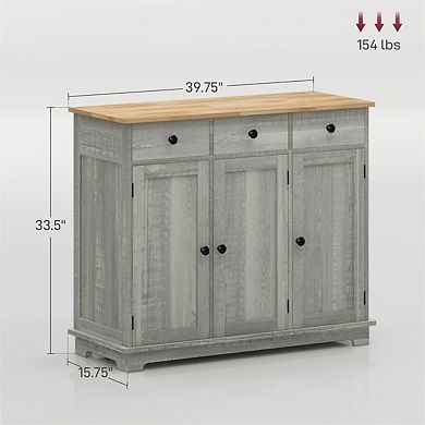 Sideboard with Wood Countertop - Kitchen Storage Cabinet with 3 Drawers, Doors and Adjustable Shelf