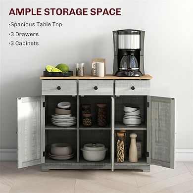 Sideboard with Wood Countertop - Kitchen Storage Cabinet with 3 Drawers, Doors and Adjustable Shelf