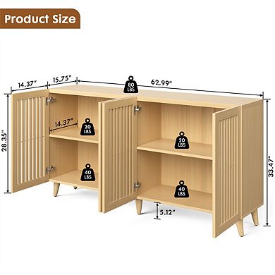 4 Doors Buffet Storage Cabinet - Console Sideboard for Kitchen Dining Room Entryway, Oak