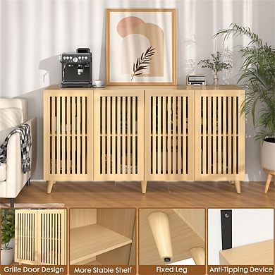 4 Doors Buffet Storage Cabinet - Console Sideboard for Kitchen Dining Room Entryway, Oak