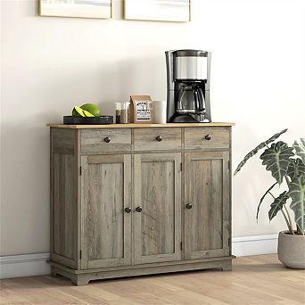 Sideboard with Solid Wood Countertop - Storage Cabinet with 3 Drawers, Doors and Adjustable Shelf