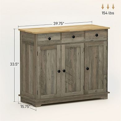 Sideboard with Solid Wood Countertop - Storage Cabinet with 3 Drawers, Doors and Adjustable Shelf