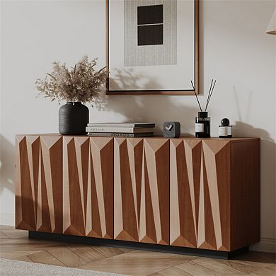 60" Sideboard Buffet Cabinet - 3D Doors, Kitchen Storage Cabinet Credenza with 4 Doors and 2 Shelves