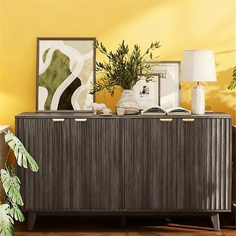 55.1" Fluted Sideboard Buffet Cabinet with Doors, Adjustable Shelves, Wood Legs, Anti-Tipping Strap