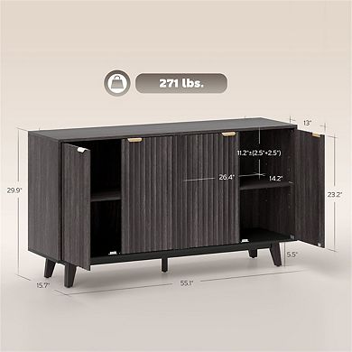 55.1" Fluted Sideboard Buffet Cabinet with Doors, Adjustable Shelves, Wood Legs, Anti-Tipping Strap