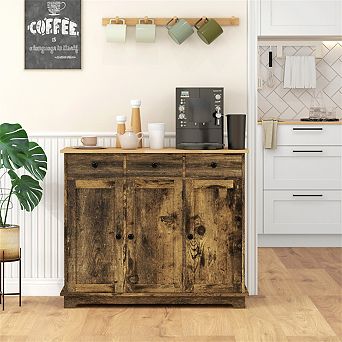 Kitchen Sideboard with 3 Drawers - Storage Cabinet with Wood Countertop, Doors and Adjustable Shelf